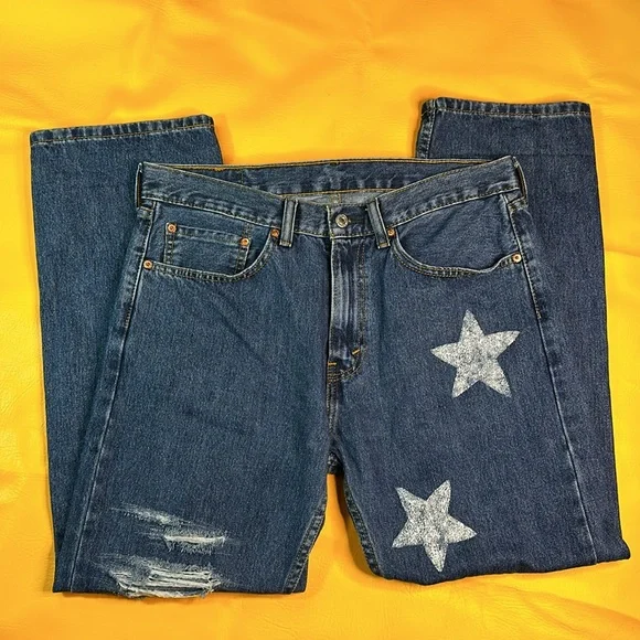 Levi's 505 Star Spangled Ripped Straight Leg Relaxed Jeans - Picture 2 of 10